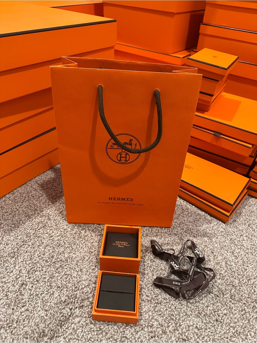 Hermes Orange Gift Bag with Black Rope Handles and Signature Logo